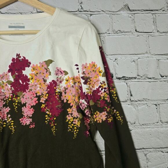 The Talbots Tee Cotton Blend Olive Forest Green Floral Print Accent Blouse LP - Picture 5 of 10